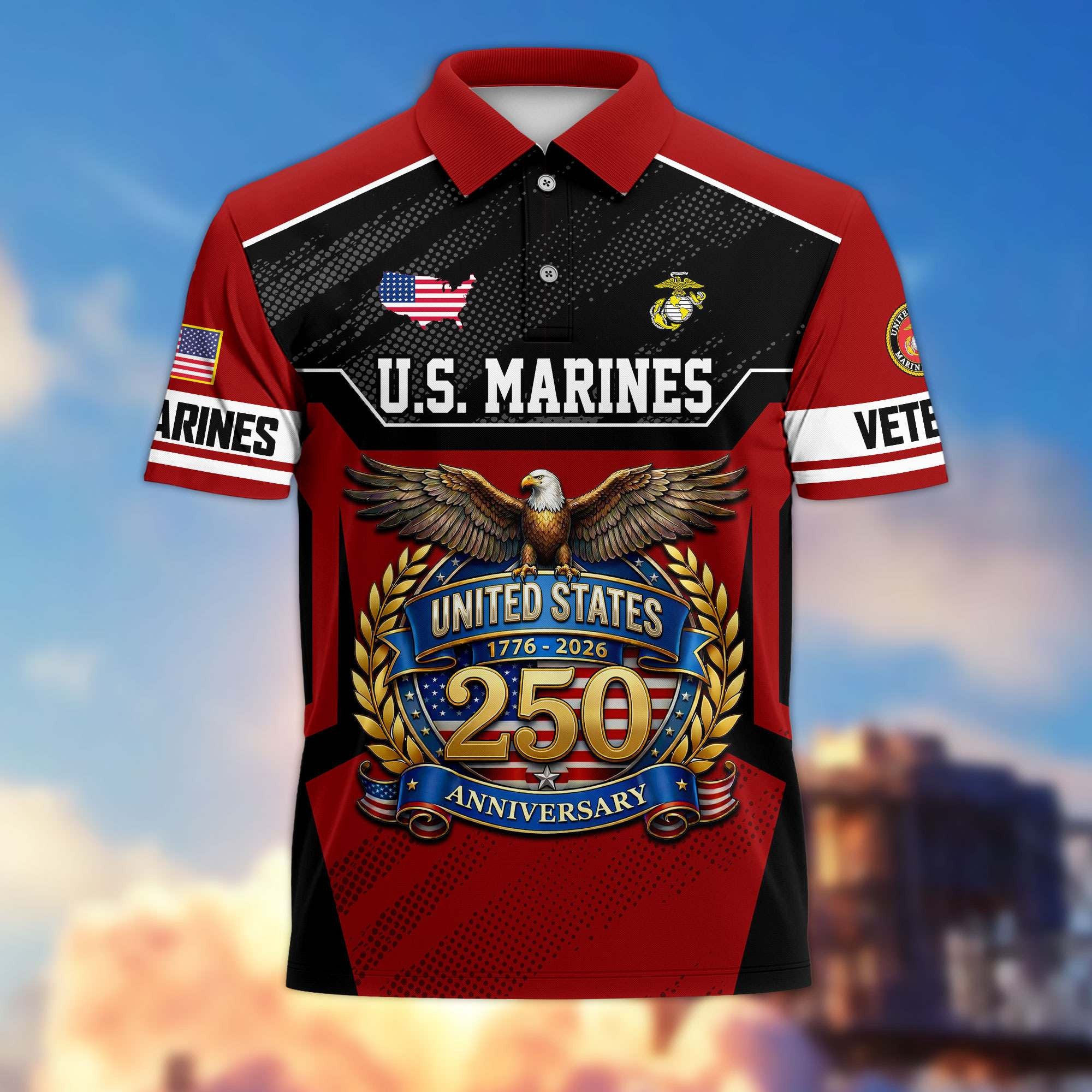 Premium America 250th Anniversary US Veteran Polo Shirt, Gifts for U.S. Veterans, Gifts for Independence Day, Veterans Day