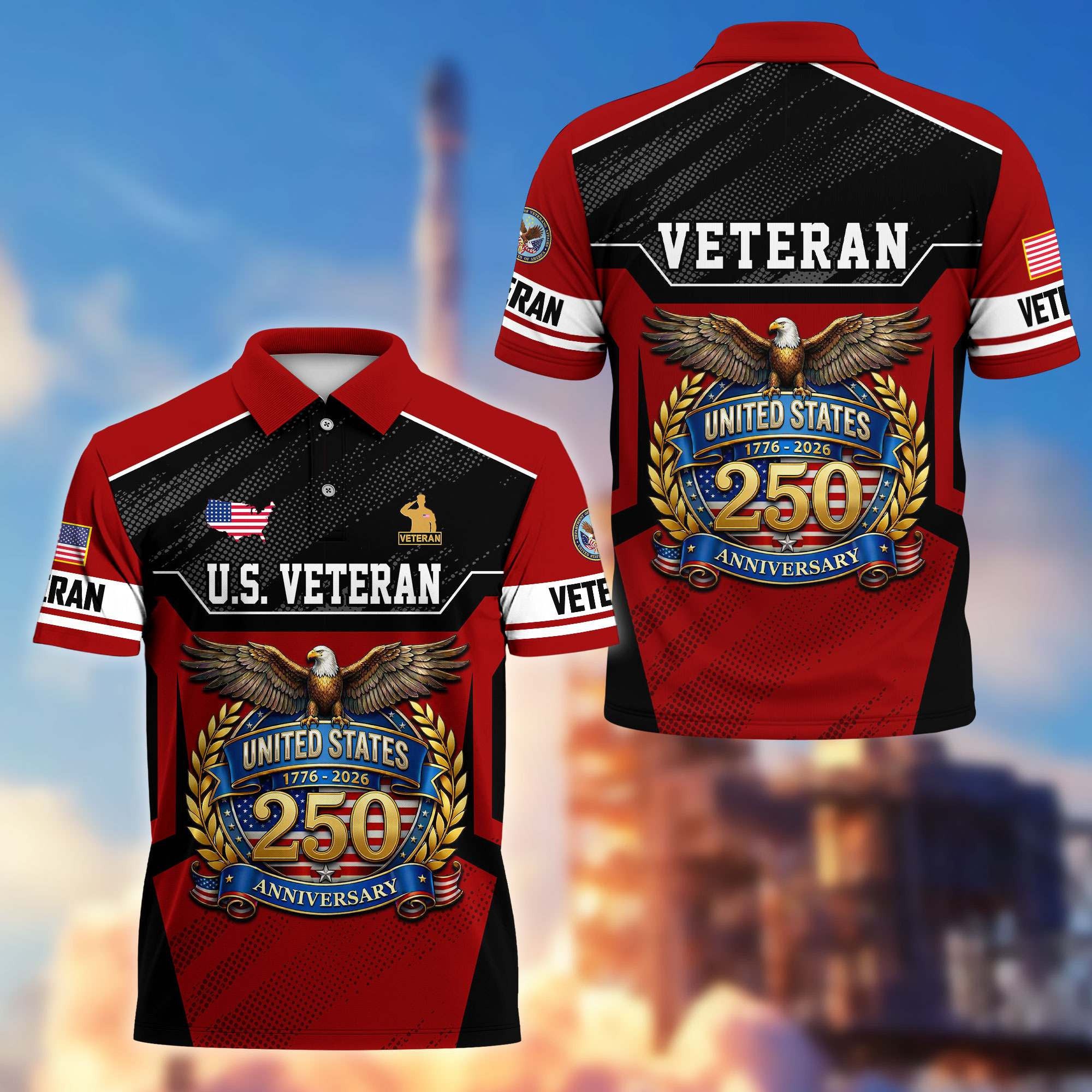 Premium America 250th Anniversary US Veteran Polo Shirt, Gifts for U.S. Veterans, Gifts for Independence Day, Veterans Day