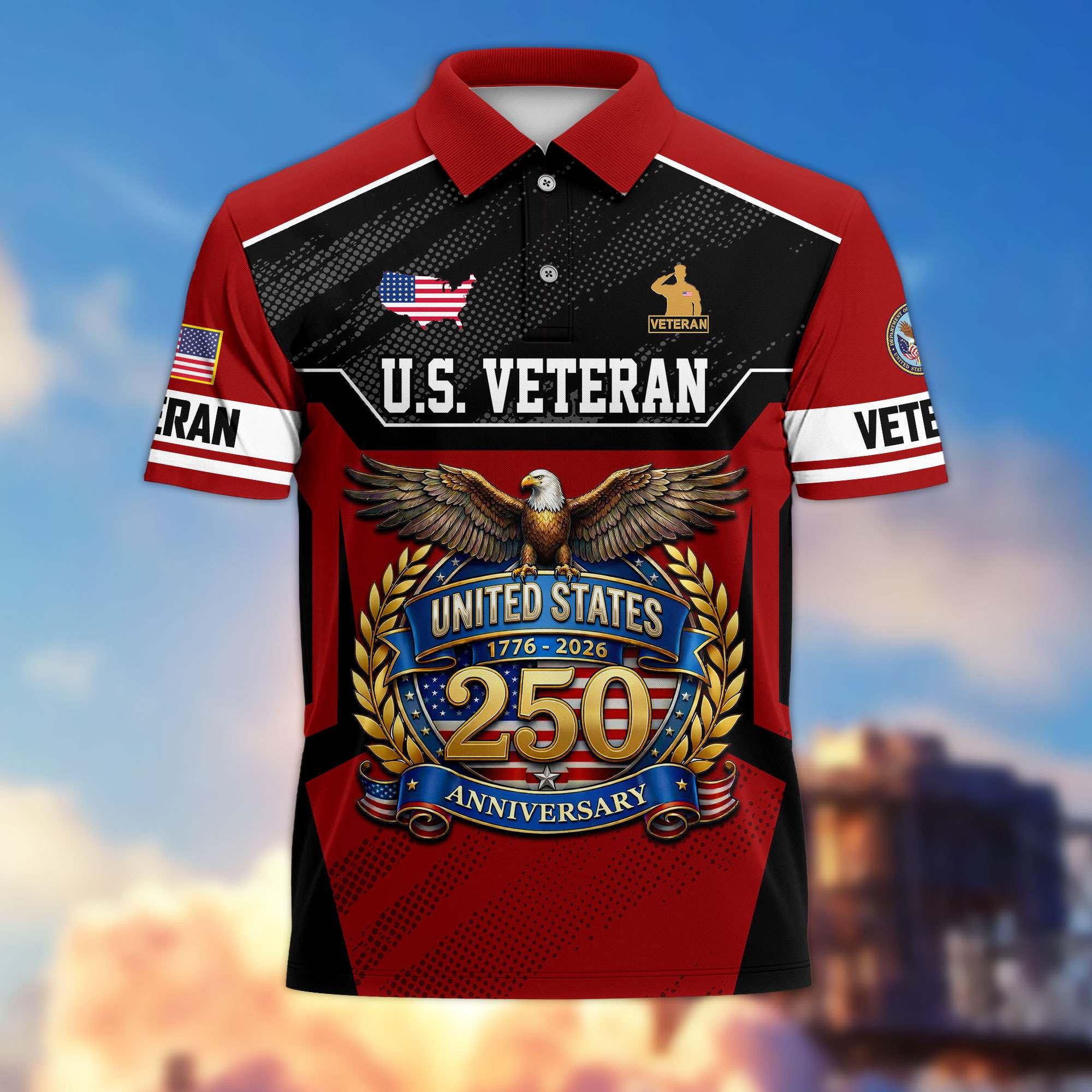 Premium America 250th Anniversary US Veteran Polo Shirt, Gifts for U.S. Veterans, Gifts for Independence Day, Veterans Day