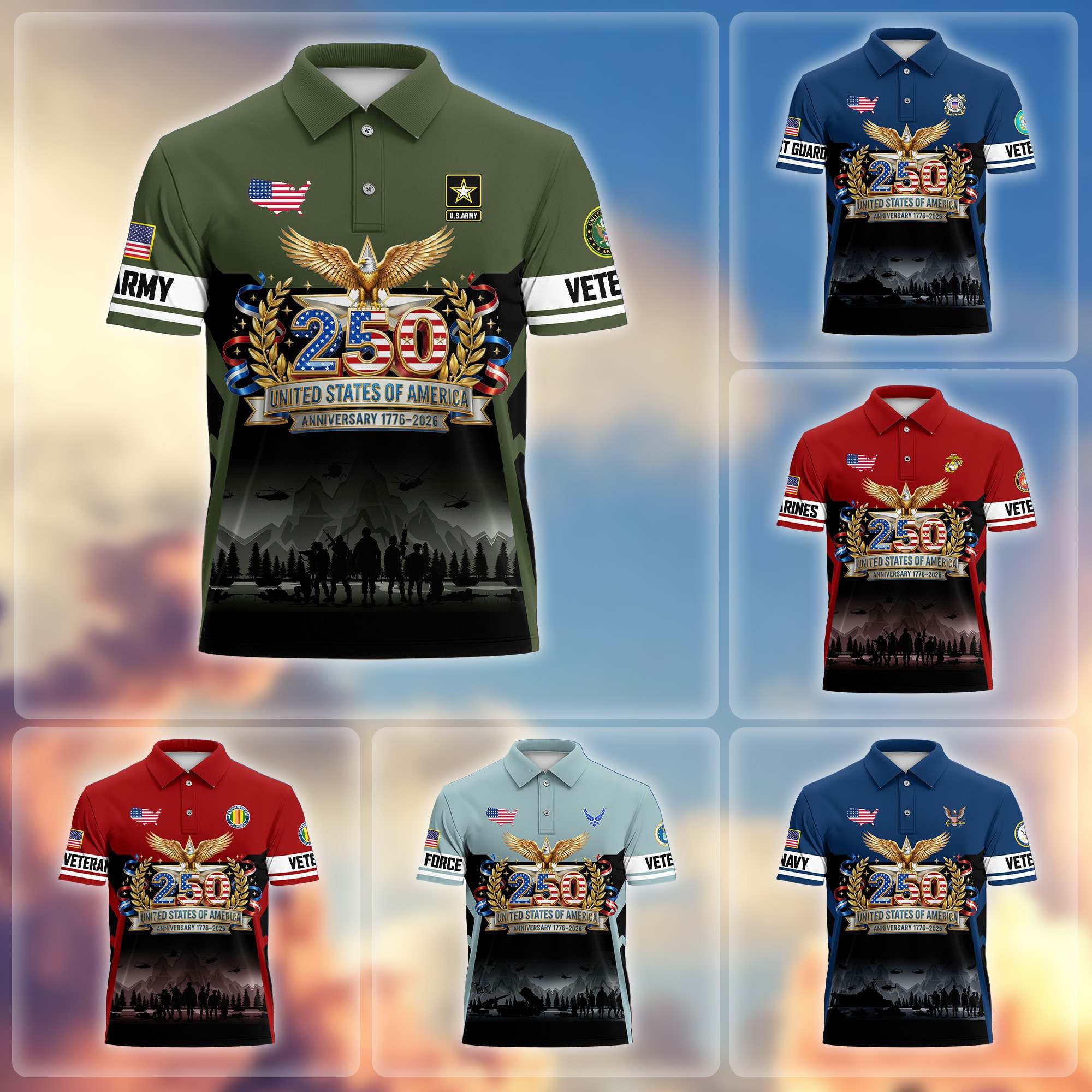 Premium America 250th Anniversary US Veteran Polo Shirt, Gifts for U.S. Veterans, Gifts for Independence Day, Veterans Day