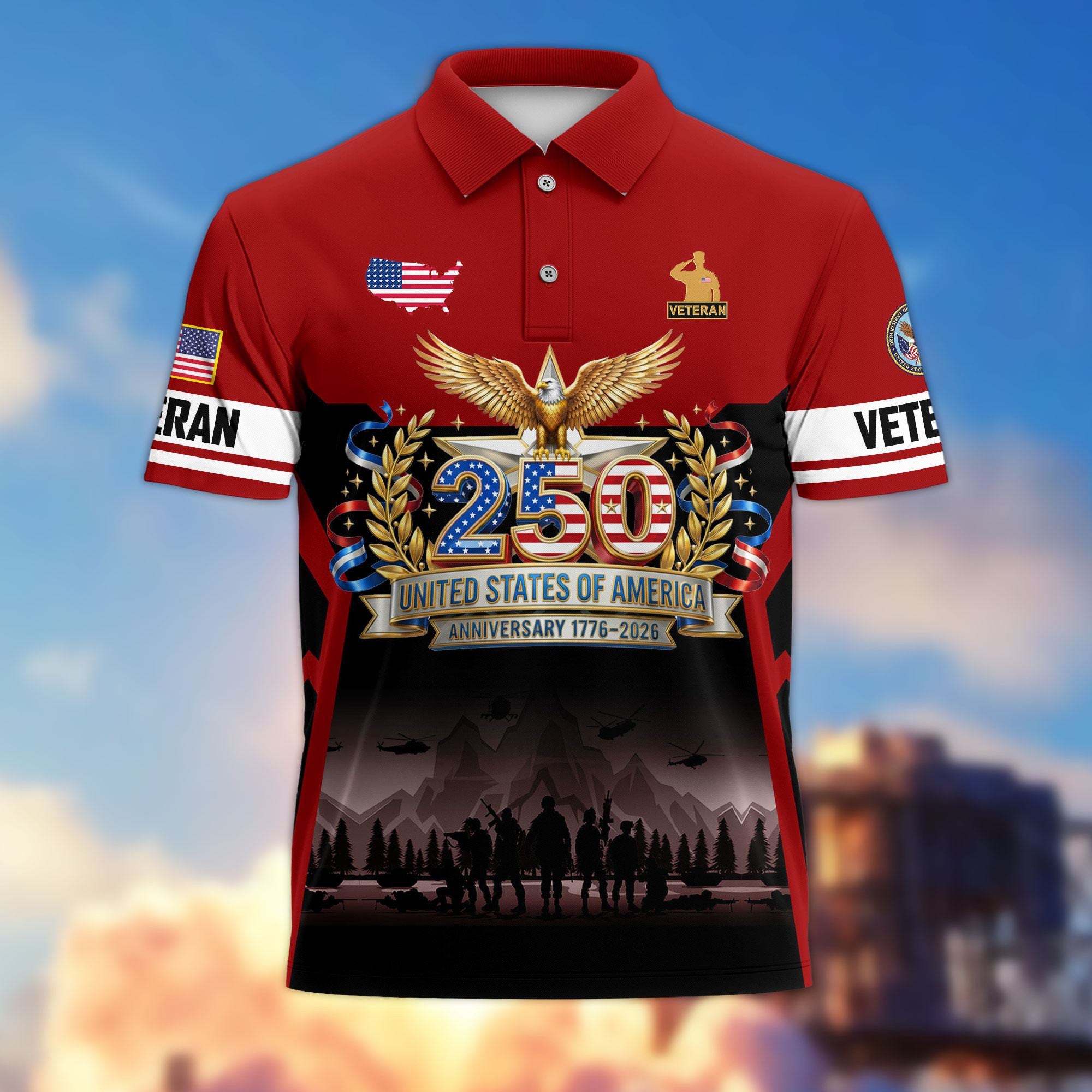 Premium America 250th Anniversary US Veteran Polo Shirt, Gifts for U.S. Veterans, Gifts for Independence Day, Veterans Day