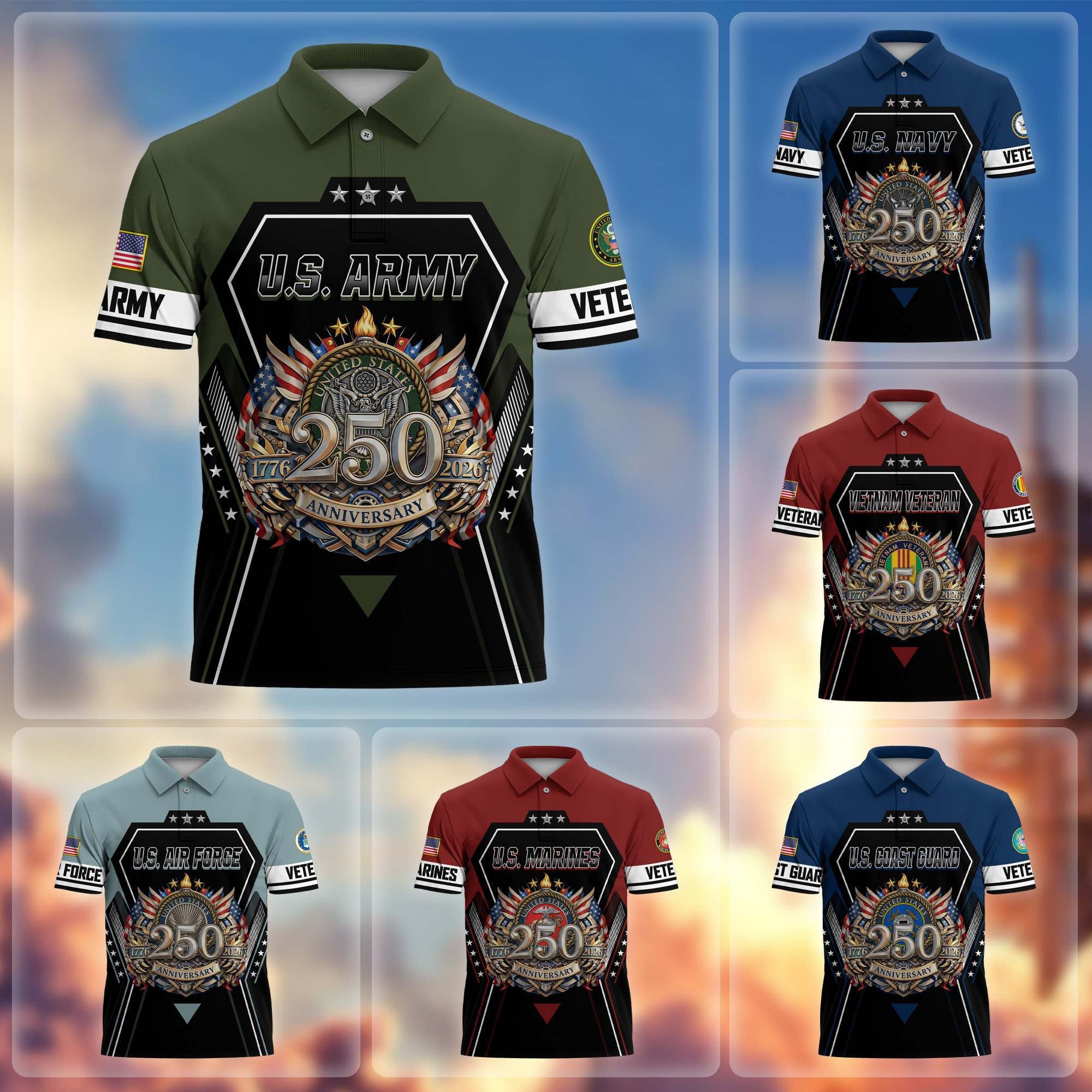 Premium America 250th Anniversary US Veteran Polo Shirt, Gifts For U.S. Veterans, Gifts For Independence Day, Veterans Day
