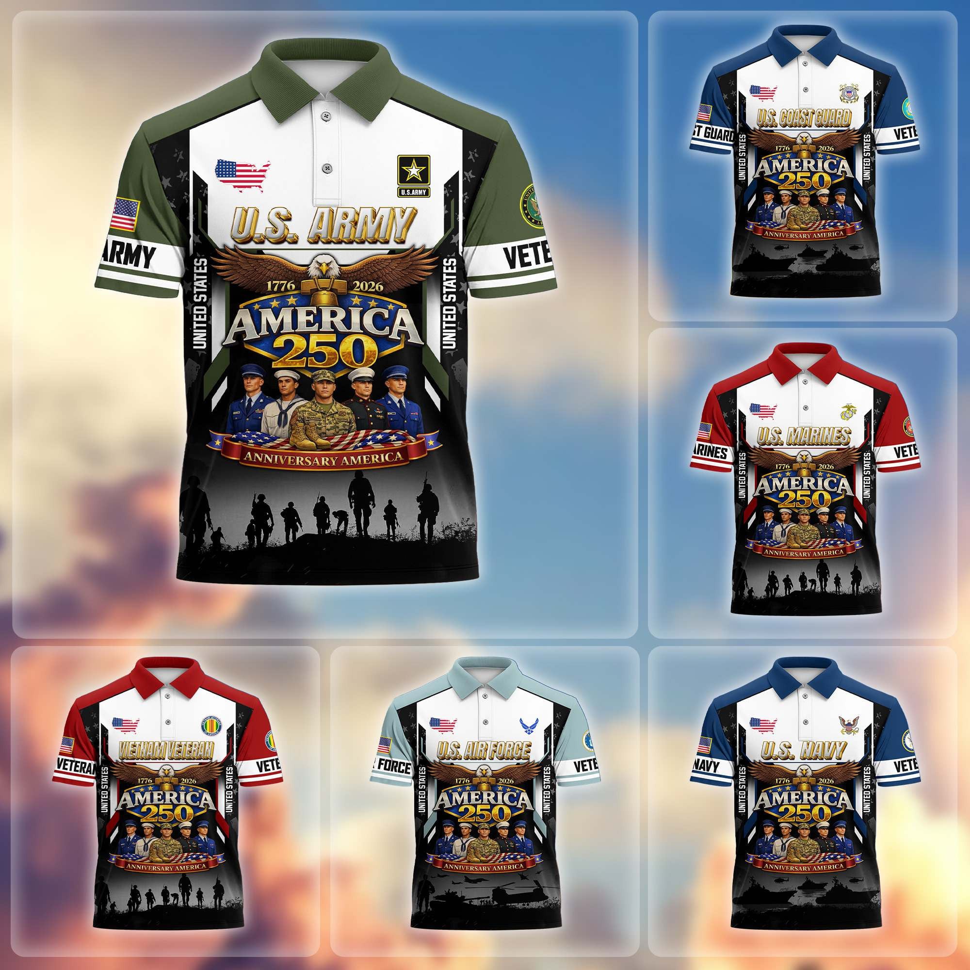 Premium America 250th Anniversary US Veteran Polo Shirt, Gifts for U.S. Veterans, Gifts for Independence Day, Veterans Day