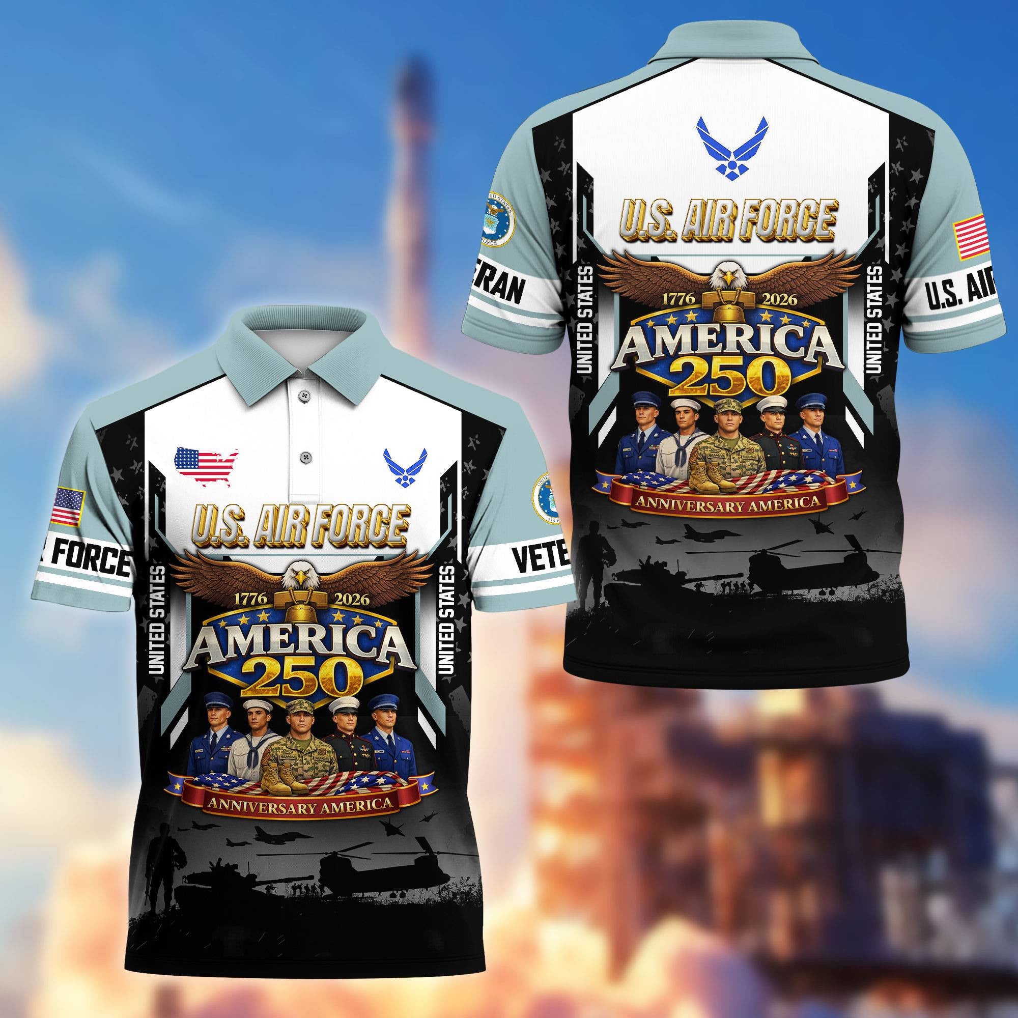 Premium America 250th Anniversary US Veteran Polo Shirt, Gifts for U.S. Veterans, Gifts for Independence Day, Veterans Day
