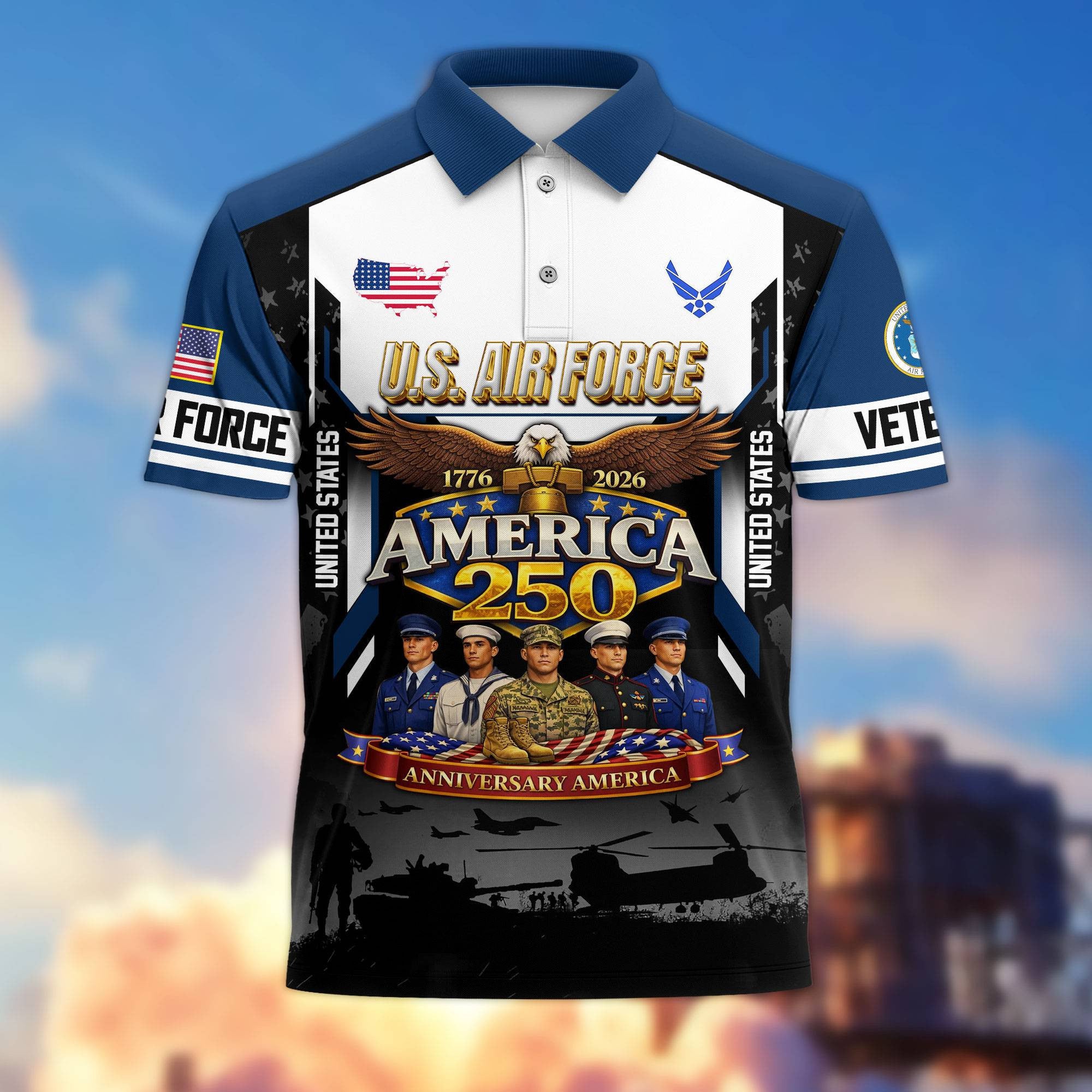 Premium America 250th Anniversary US Veteran Polo Shirt, Gifts for U.S. Veterans, Gifts for Independence Day, Veterans Day