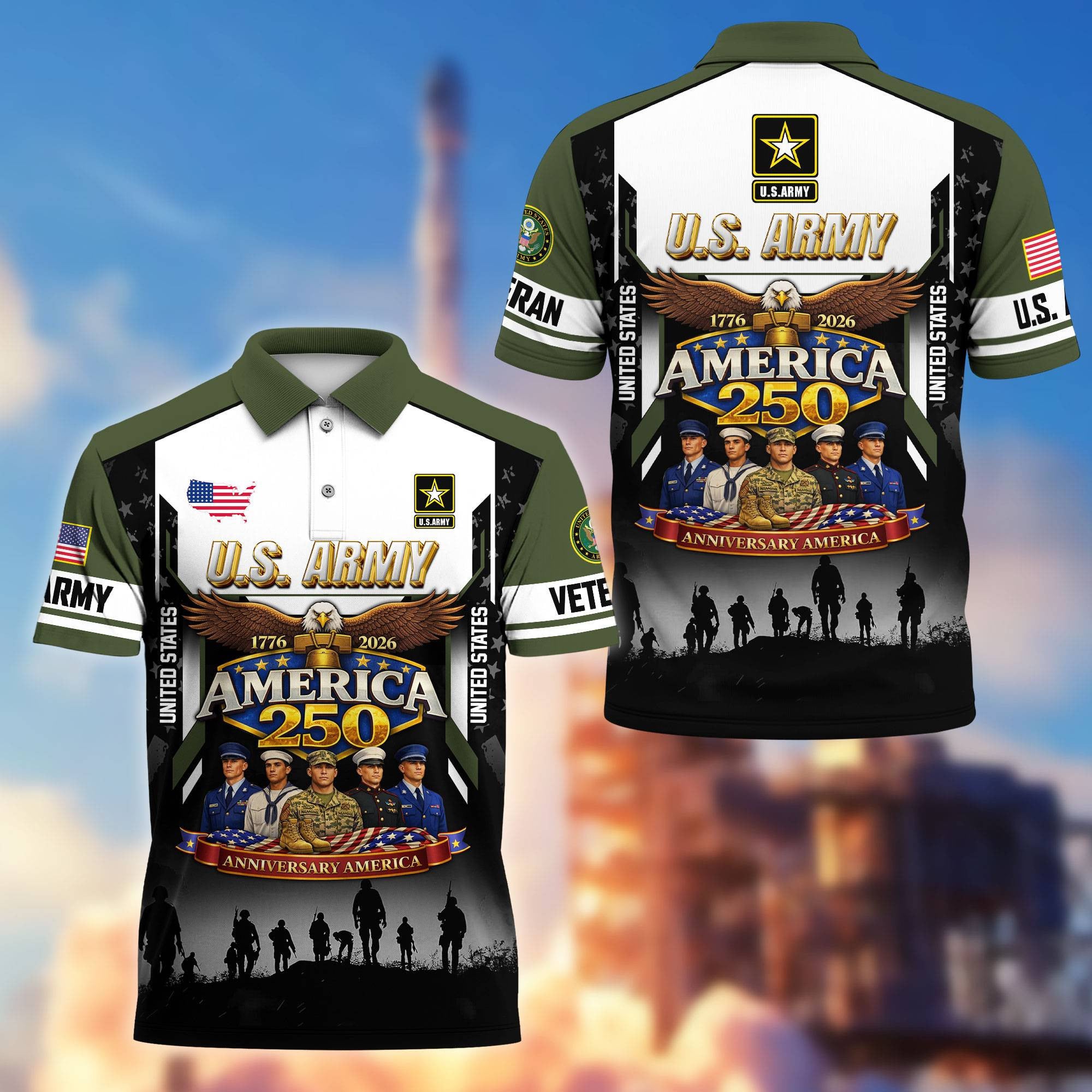 Premium America 250th Anniversary US Veteran Polo Shirt, Gifts for U.S. Veterans, Gifts for Independence Day, Veterans Day