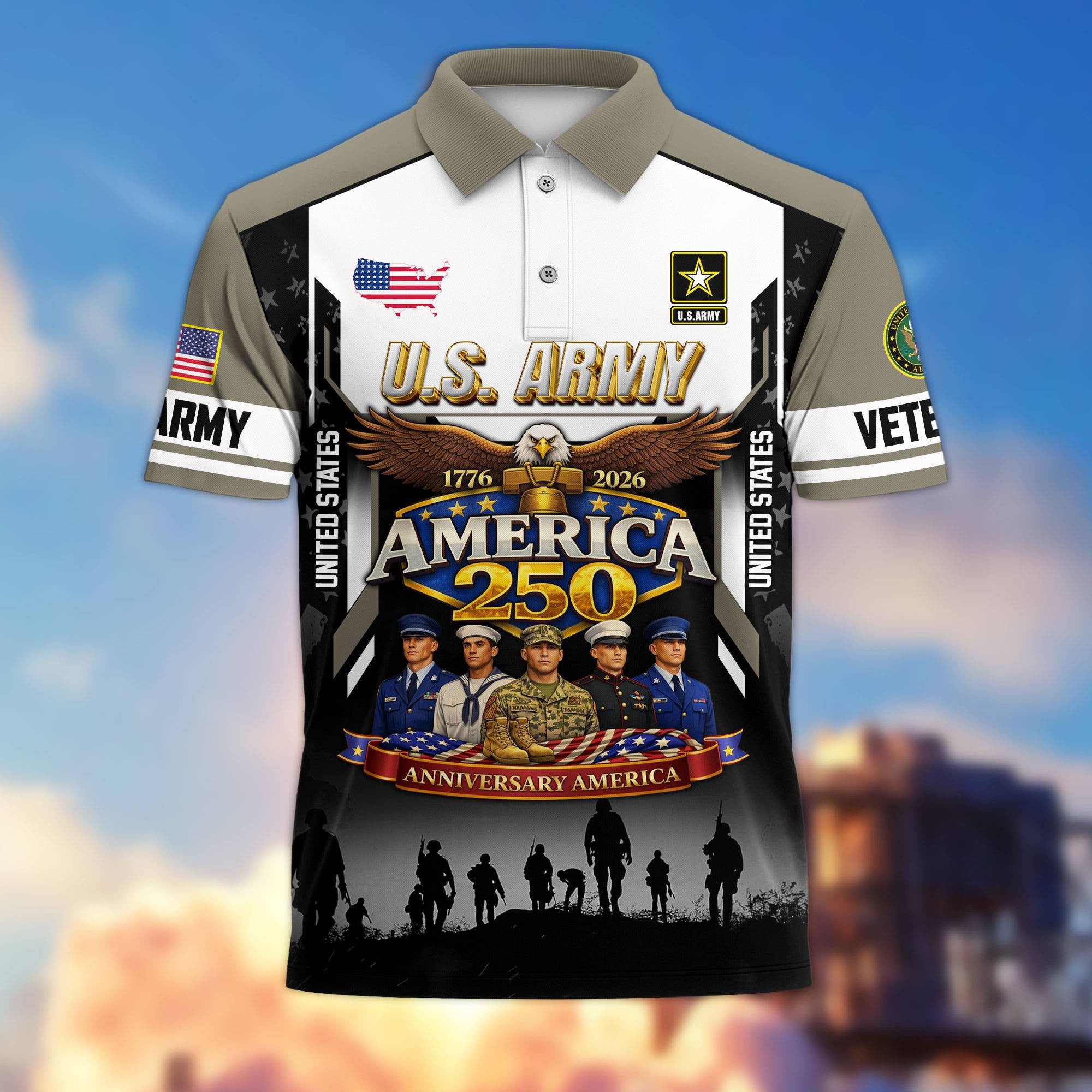 Premium America 250th Anniversary US Veteran Polo Shirt, Gifts for U.S. Veterans, Gifts for Independence Day, Veterans Day