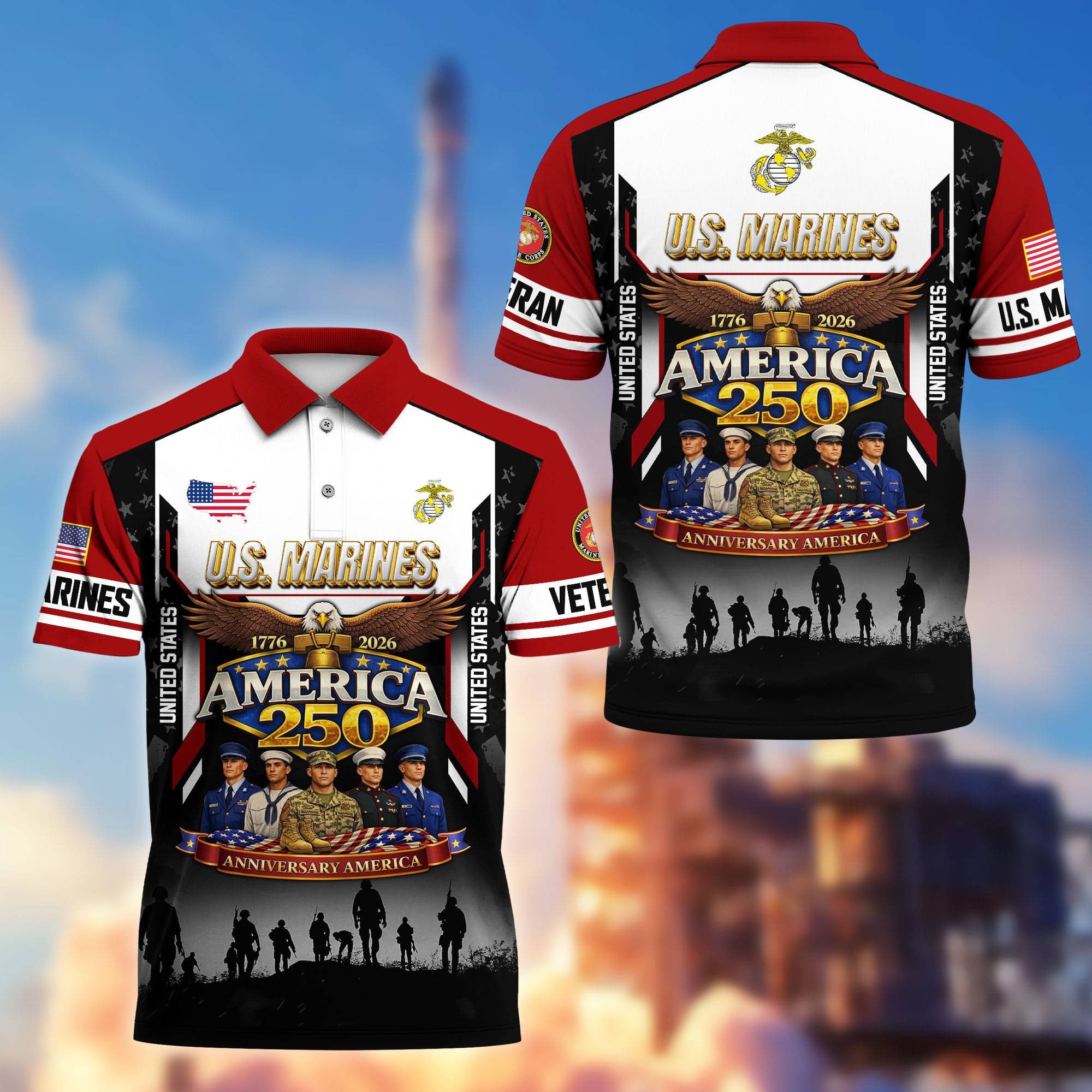 Premium America 250th Anniversary US Veteran Polo Shirt, Gifts for U.S. Veterans, Gifts for Independence Day, Veterans Day