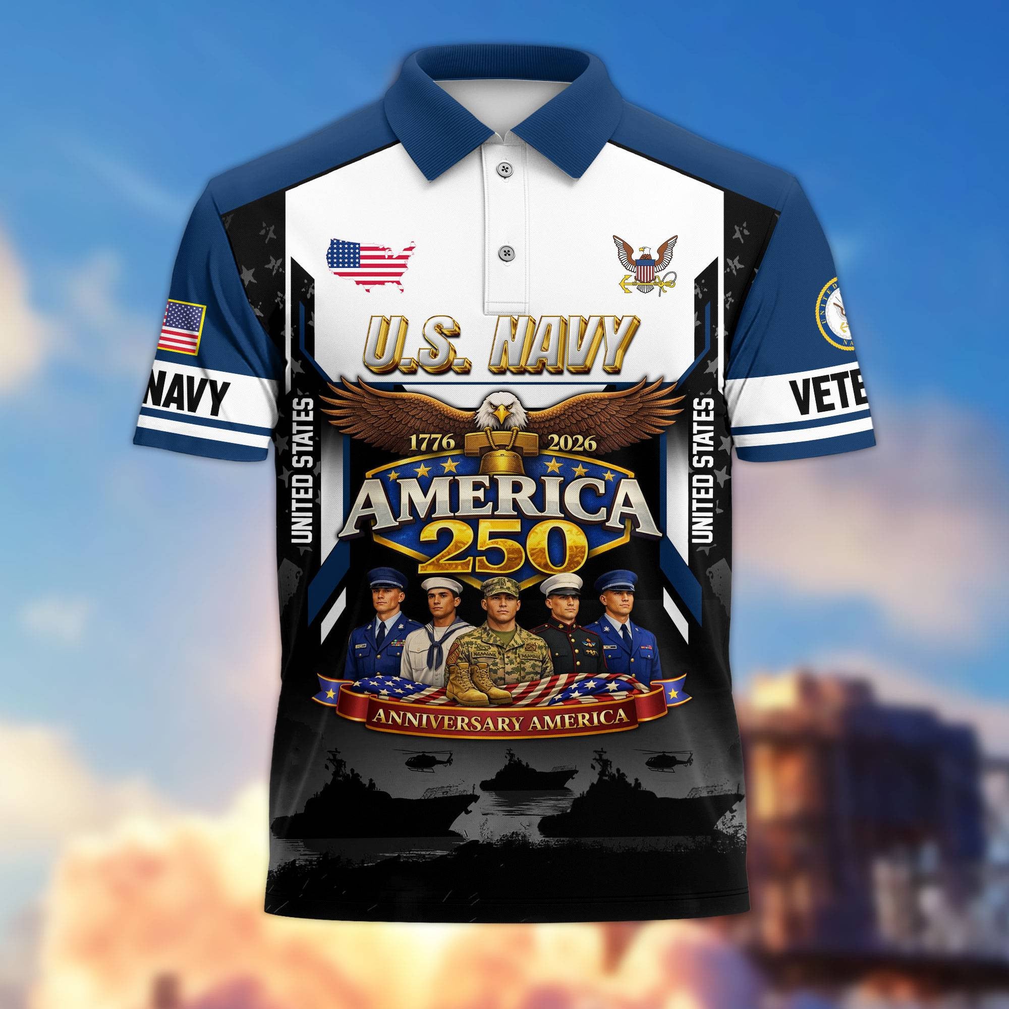 Premium America 250th Anniversary US Veteran Polo Shirt, Gifts for U.S. Veterans, Gifts for Independence Day, Veterans Day