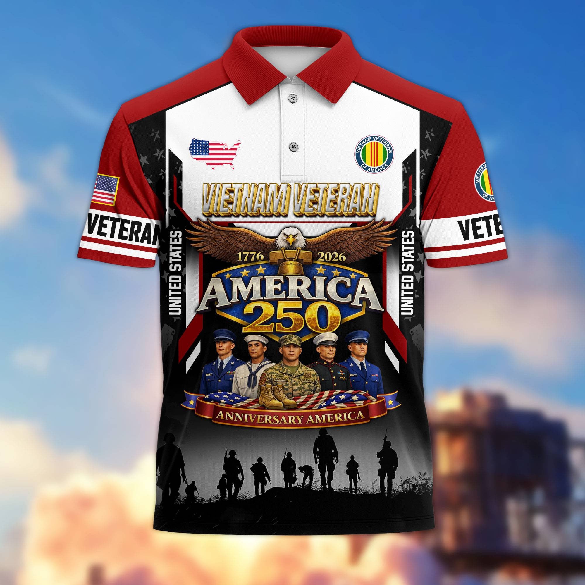 Premium America 250th Anniversary US Veteran Polo Shirt, Gifts for U.S. Veterans, Gifts for Independence Day, Veterans Day