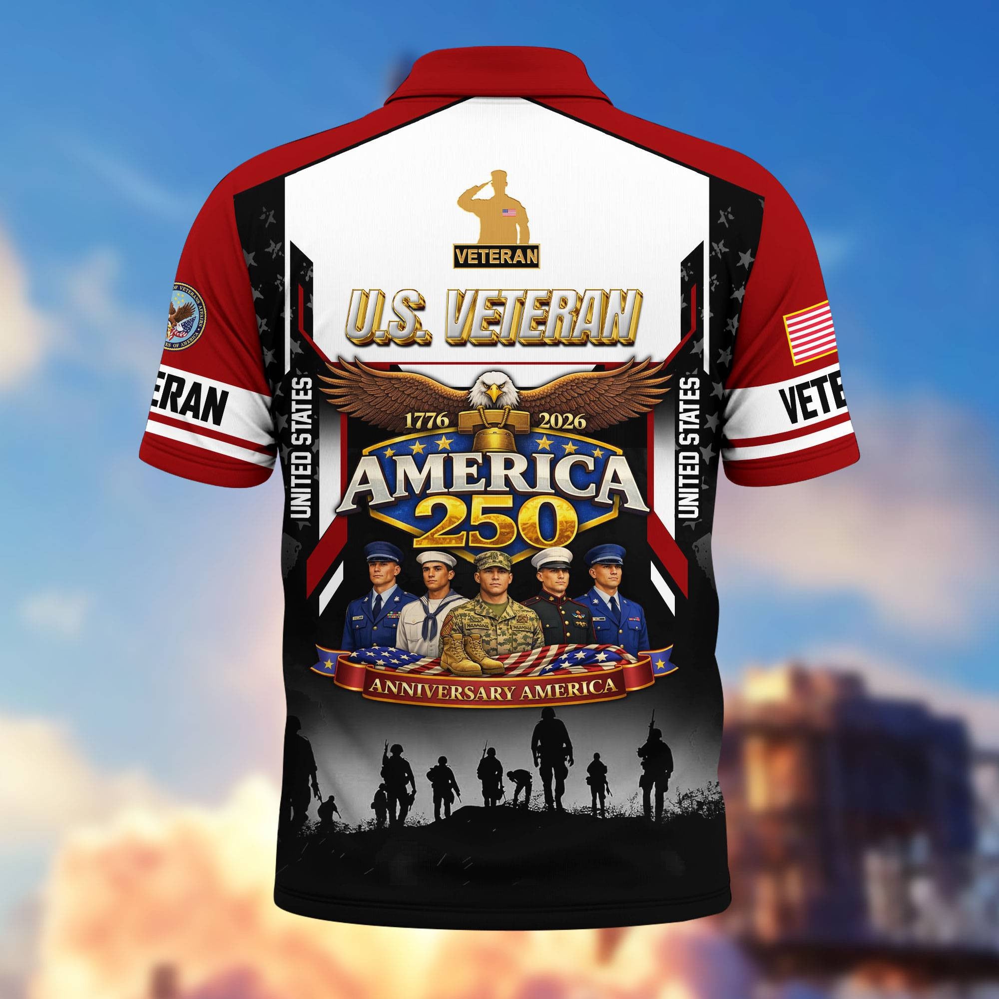 Premium America 250th Anniversary US Veteran Polo Shirt, Gifts for U.S. Veterans, Gifts for Independence Day, Veterans Day