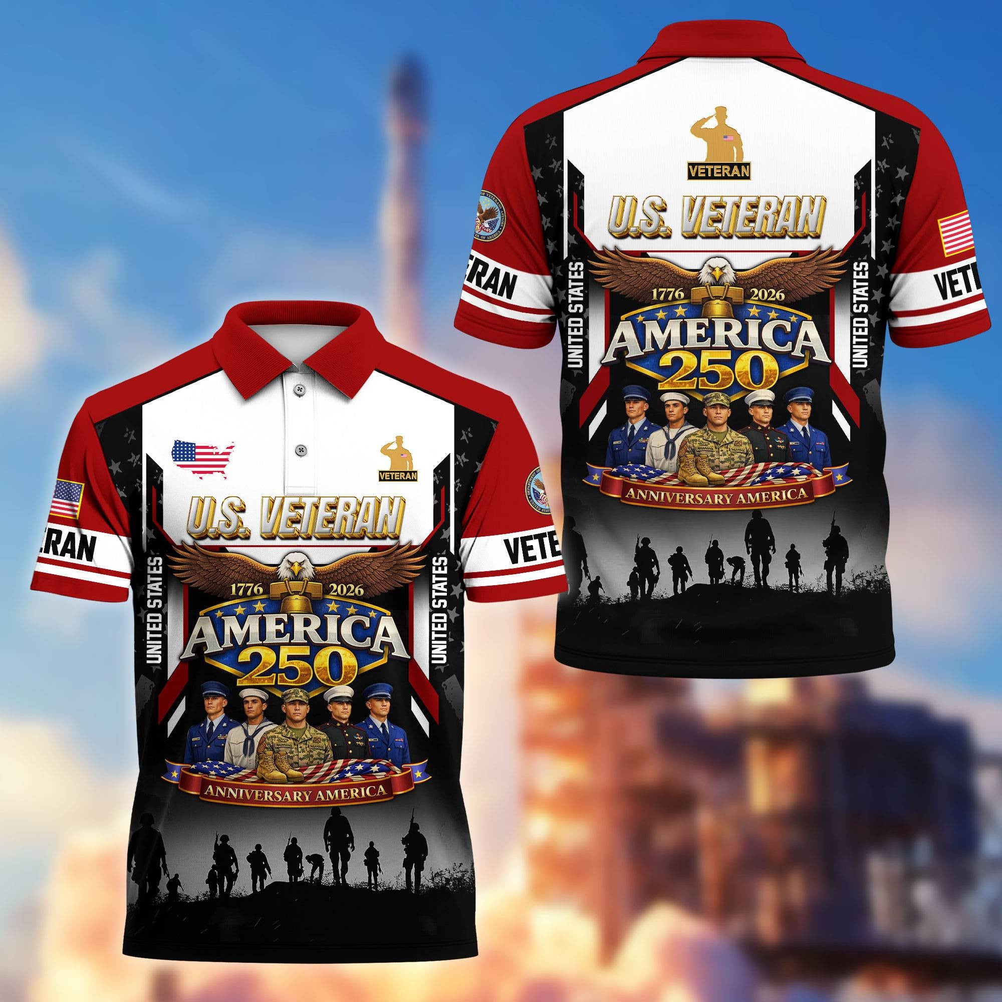Premium America 250th Anniversary US Veteran Polo Shirt, Gifts for U.S. Veterans, Gifts for Independence Day, Veterans Day