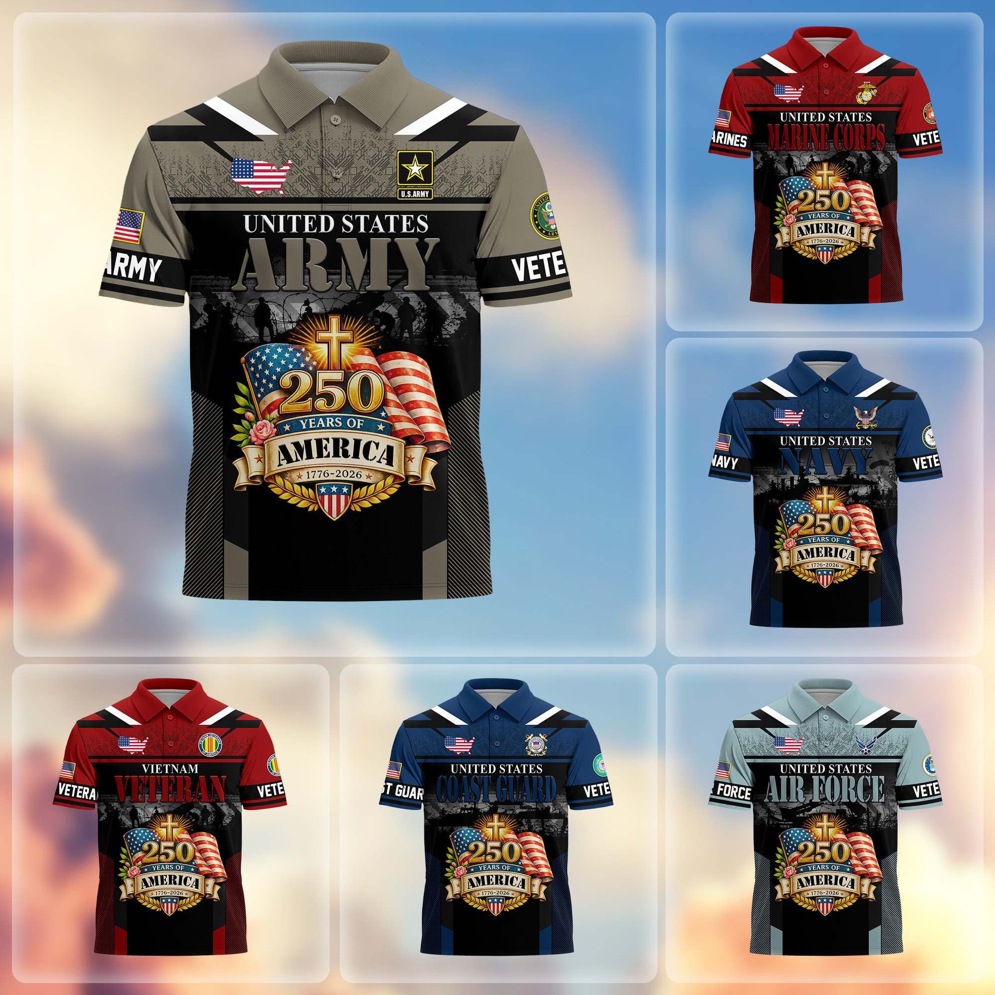 Premium America 250th Anniversary US Veteran Polo Shirt, Gifts for U.S. Veterans, Gifts for Independence Day, Veterans Day