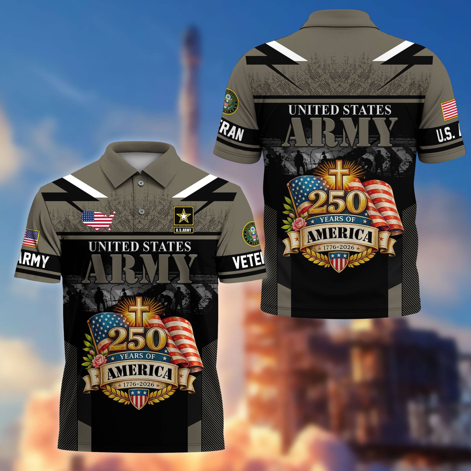Premium America 250th Anniversary US Veteran Polo Shirt, Gifts for U.S. Veterans, Gifts for Independence Day, Veterans Day