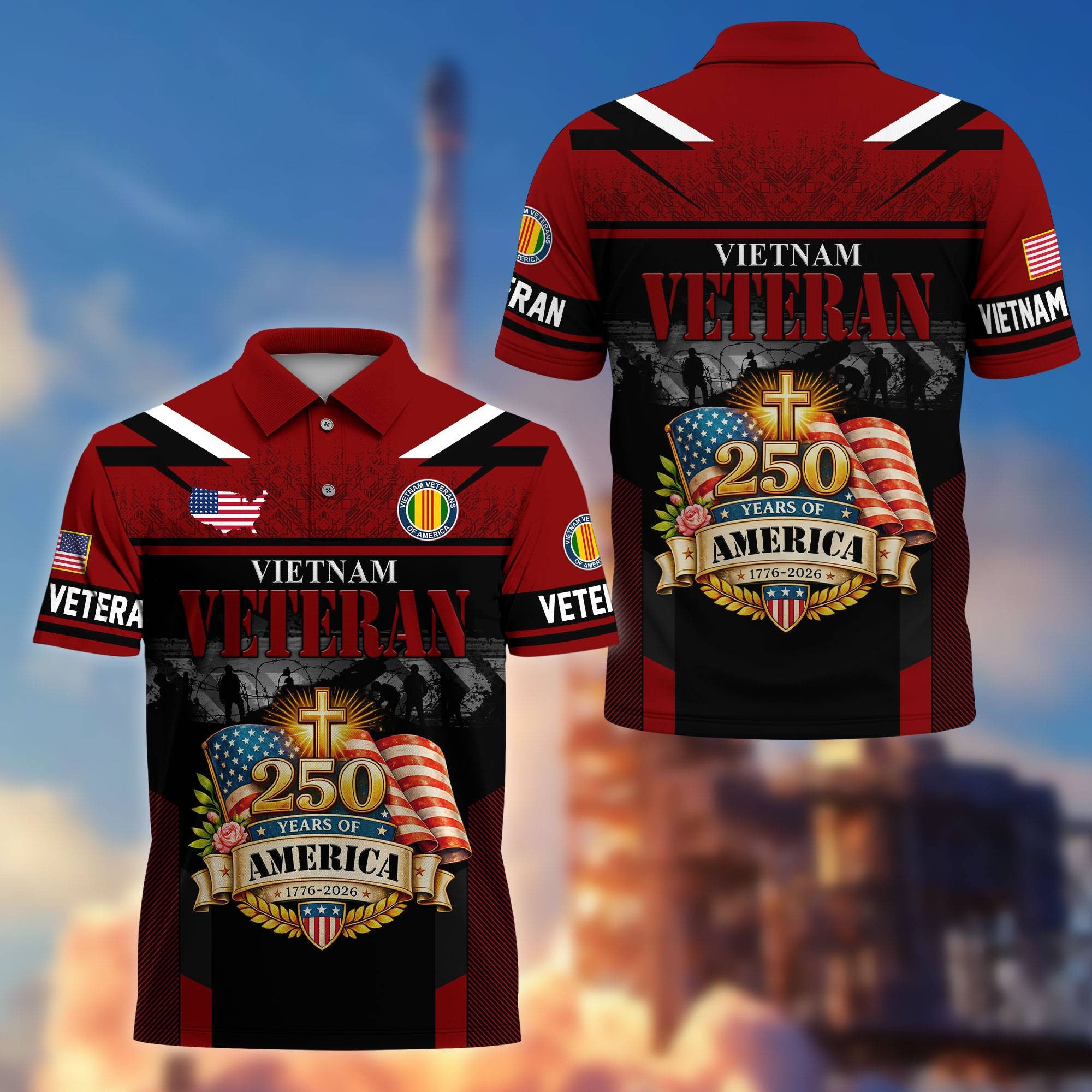 Premium America 250th Anniversary US Veteran Polo Shirt, Gifts for U.S. Veterans, Gifts for Independence Day, Veterans Day