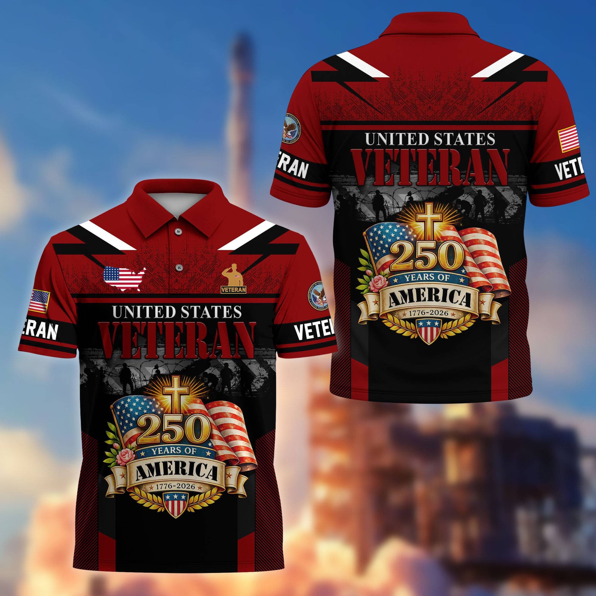 Premium America 250th Anniversary US Veteran Polo Shirt, Gifts for U.S. Veterans, Gifts for Independence Day, Veterans Day