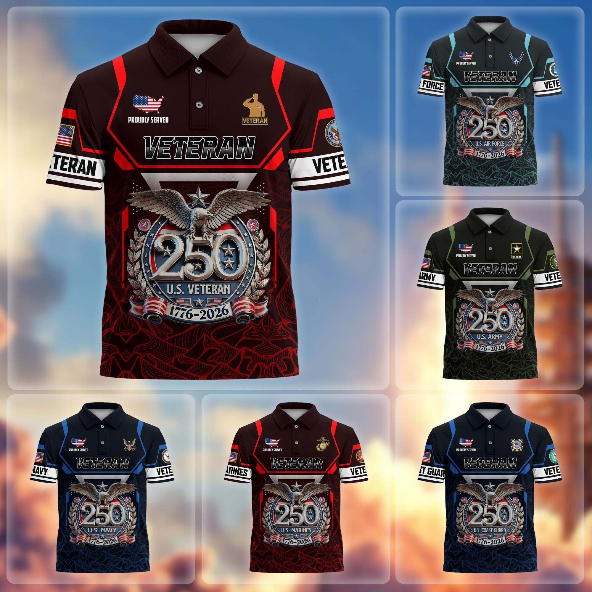 Premium America 250th Anniversary US Veteran Polo Shirt, Gifts for U.S. Veterans, Gifts for Independence Day, Veterans Day