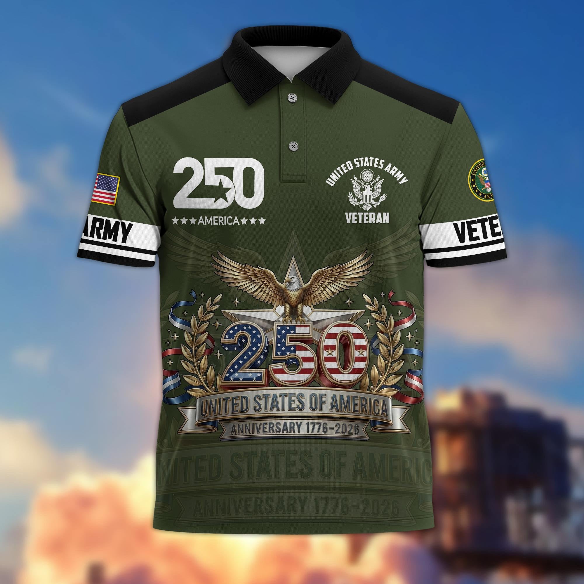 Premium America 250th Anniversary US Veteran Polo Shirt, Gifts for U.S. Veterans, Gifts for Independence Day, Veterans Day