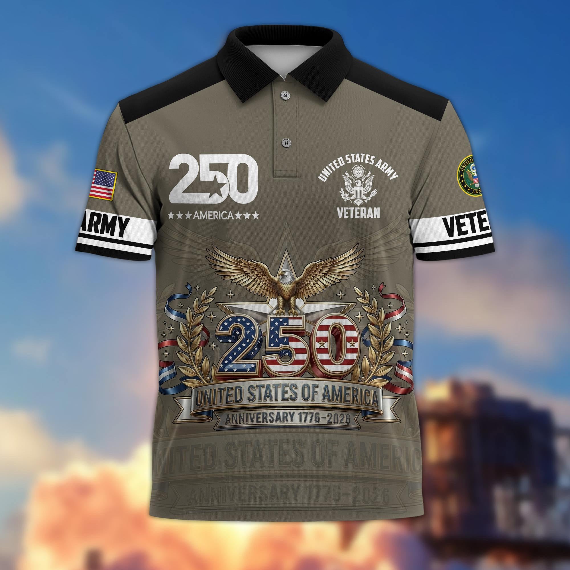 Premium America 250th Anniversary US Veteran Polo Shirt, Gifts for U.S. Veterans, Gifts for Independence Day, Veterans Day