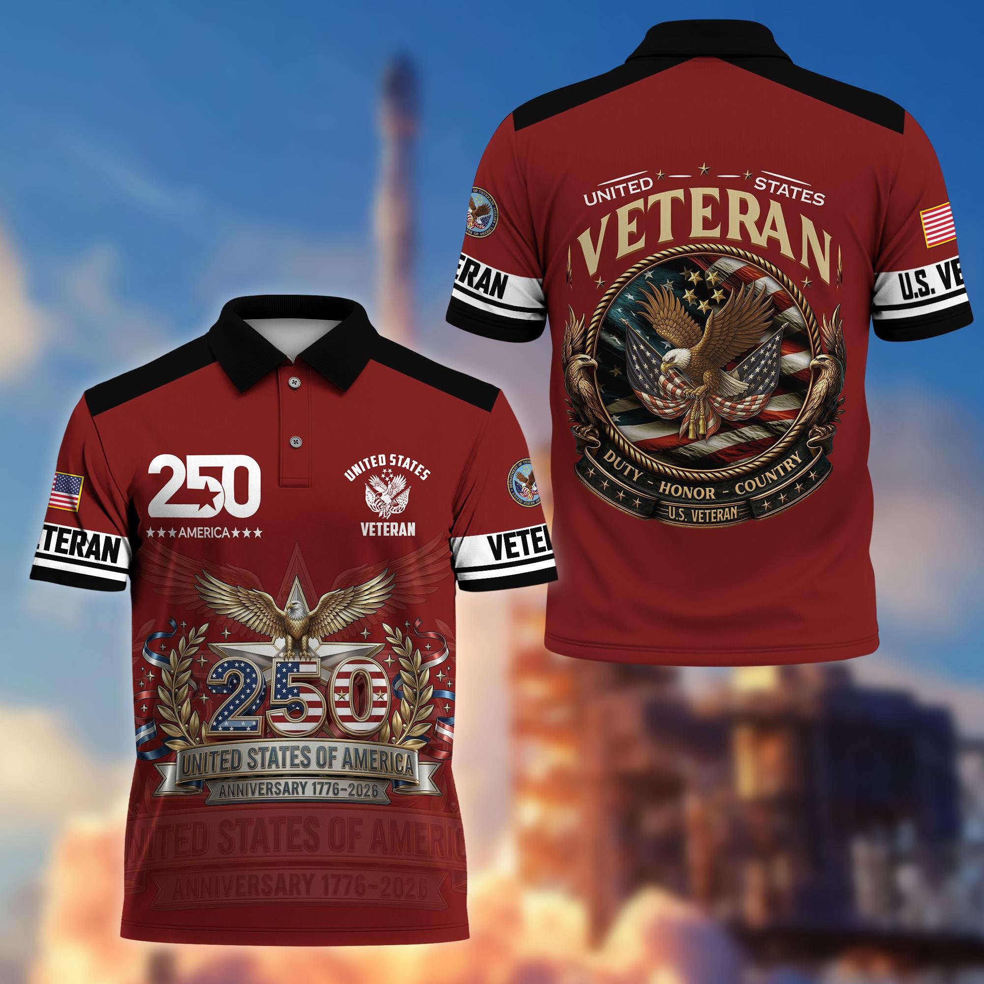 Premium America 250th Anniversary US Veteran Polo Shirt, Gifts for U.S. Veterans, Gifts for Independence Day, Veterans Day