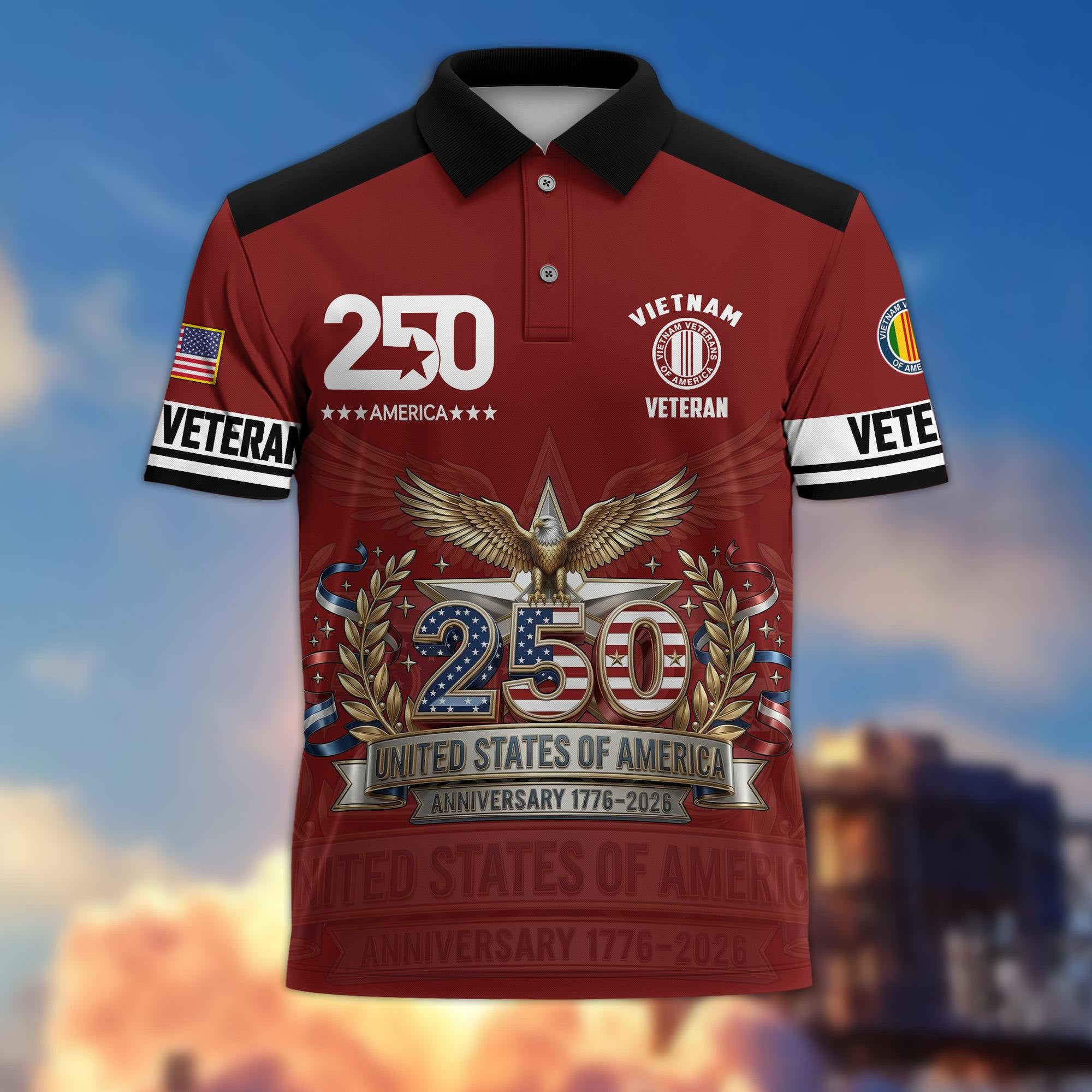 Premium America 250th Anniversary US Veteran Polo Shirt, Gifts for U.S. Veterans, Gifts for Independence Day, Veterans Day