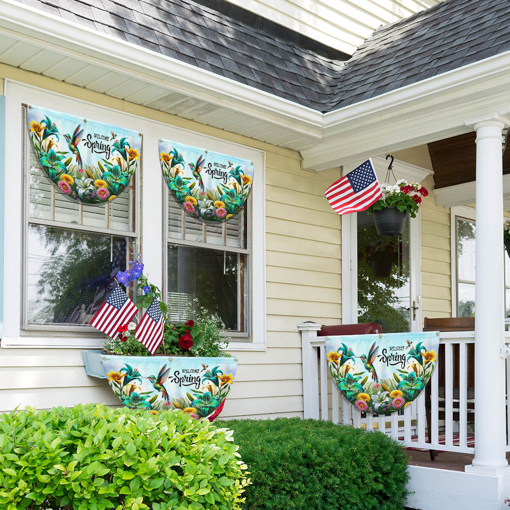 Welcome Spring Hummingbird Non-Pleated Fan Flag