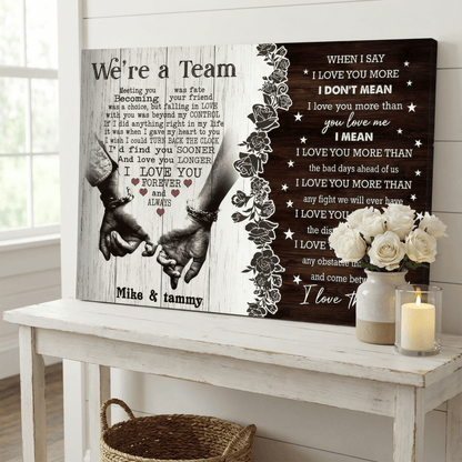 Two framed poems on a wooden table with flowers and a candle.