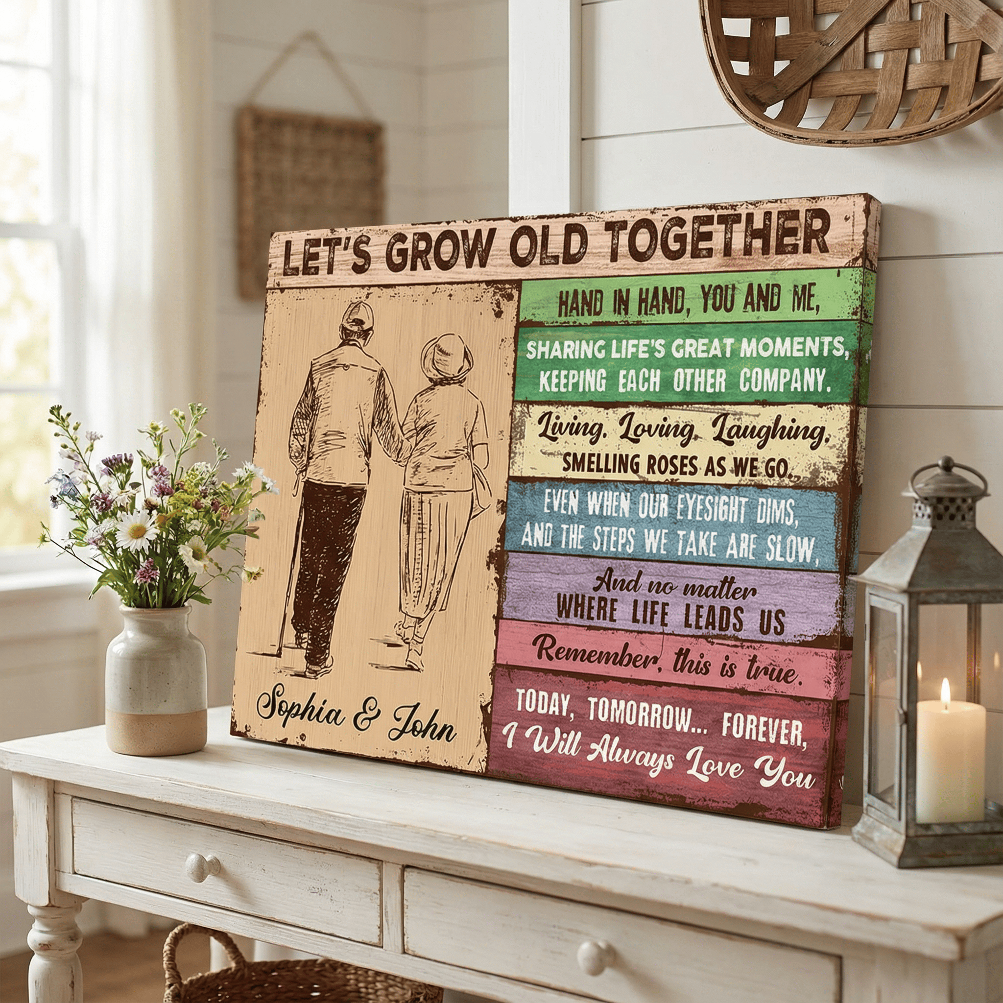 Decorative wall sign with couple illustration and text on a wooden surface.