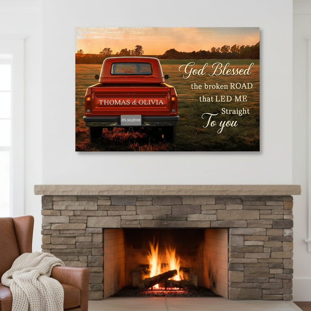 Canvas print of a red truck in a field with personalized text above a fireplace.