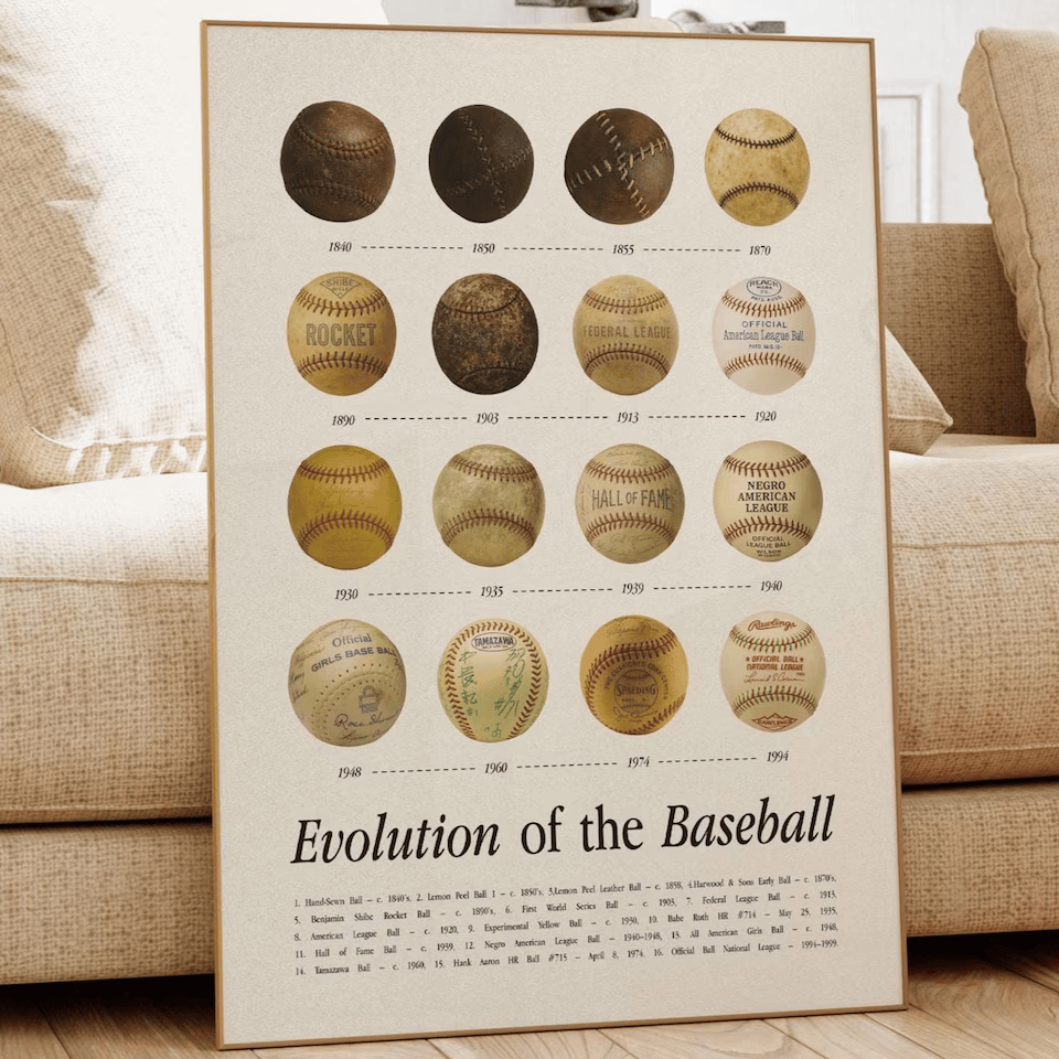Poster titled 'Evolution of the Baseball' displayed in a living room.