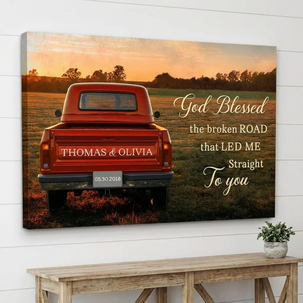 Canvas print with a red truck in a field at sunset, personalized text, and a wooden bench below.