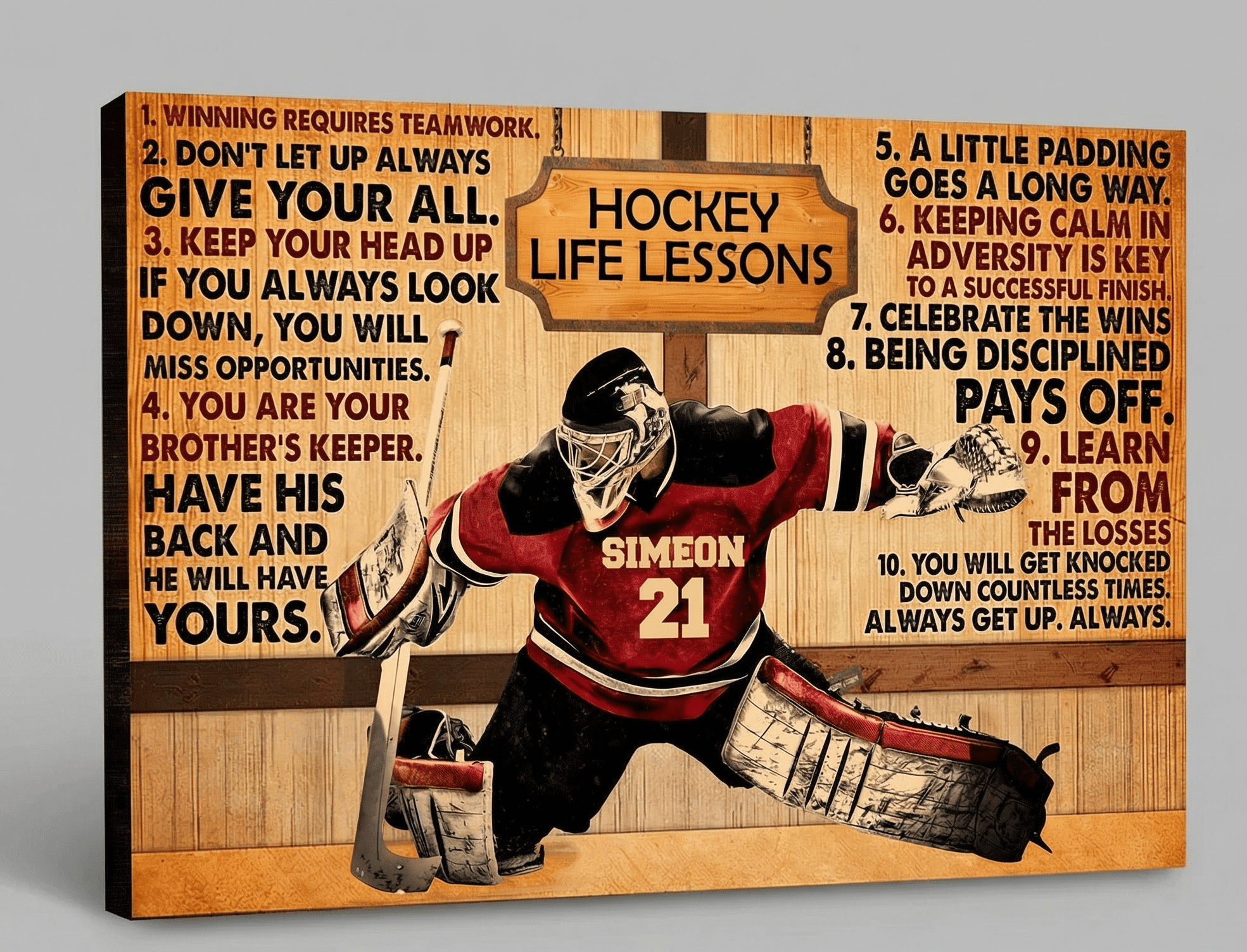 Canvas print with hockey-themed life lessons and a player in a red jersey on a wooden background.