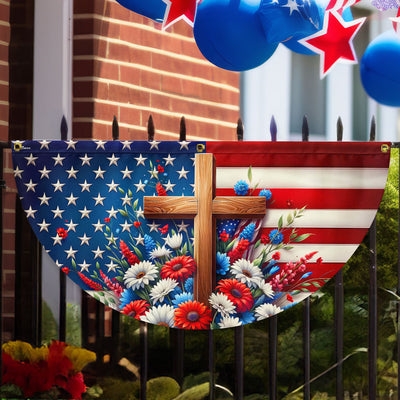 American Flag - Independence Day Cross Floral Patriotic American Flag Non-Pleated Fan Flag