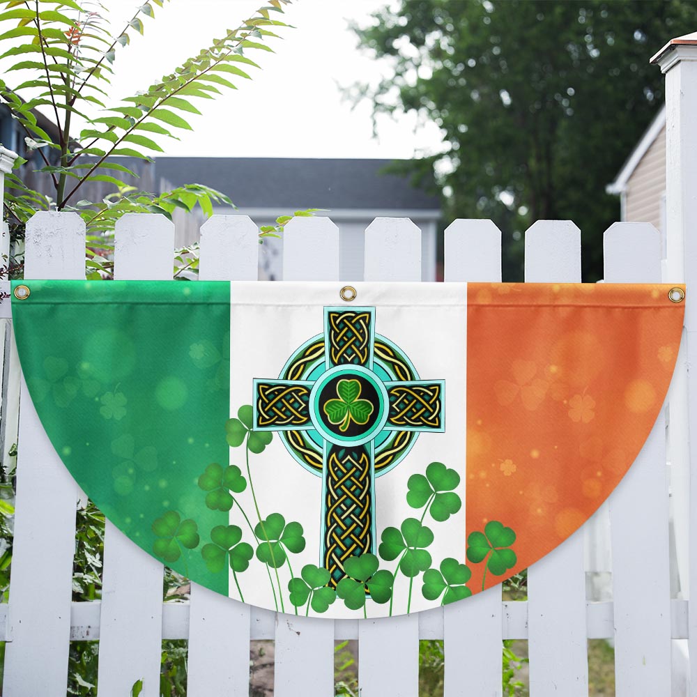 Irish Celtic Knot Cross Shamrocks Non-Pleated Fan Flag
