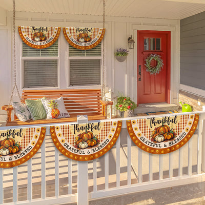 Fall Thanksgiving Pumpkins Harvest Thankful Grateful &amp; Blessed Non-Pleated Fan Flag