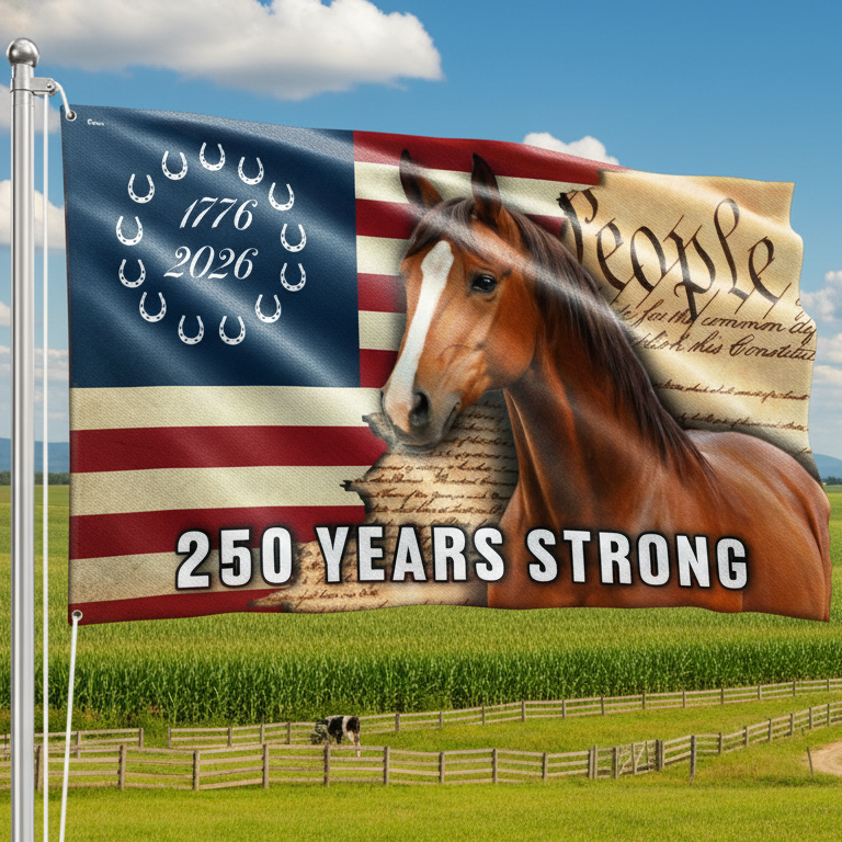 250 Years Strong American Horse Flag, Patriotic Horse Ranch 1776 2026 Grommet Flag