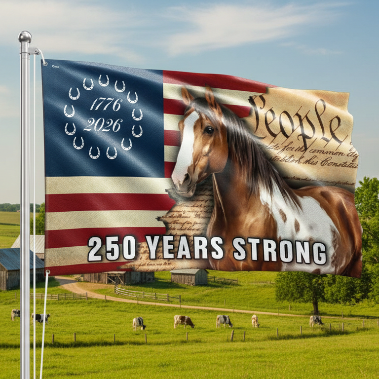 250 Years Strong American Paint Horse Flag, Patriotic Ranch House American Grommet Flag