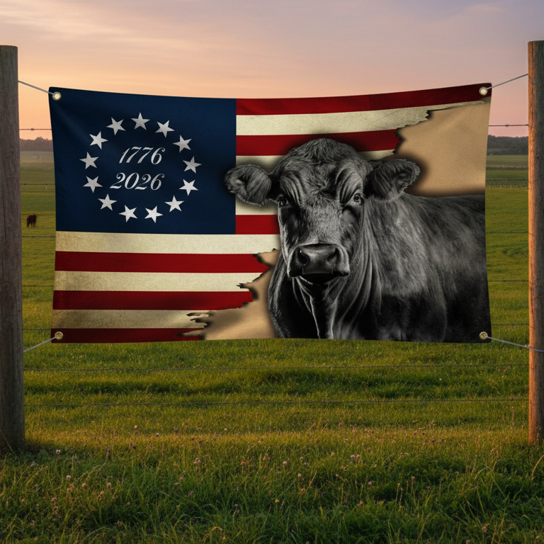 Black Angus Cattle Flag, 1776 2026 Proud Cow Farmer Farm Life Grommet Flag