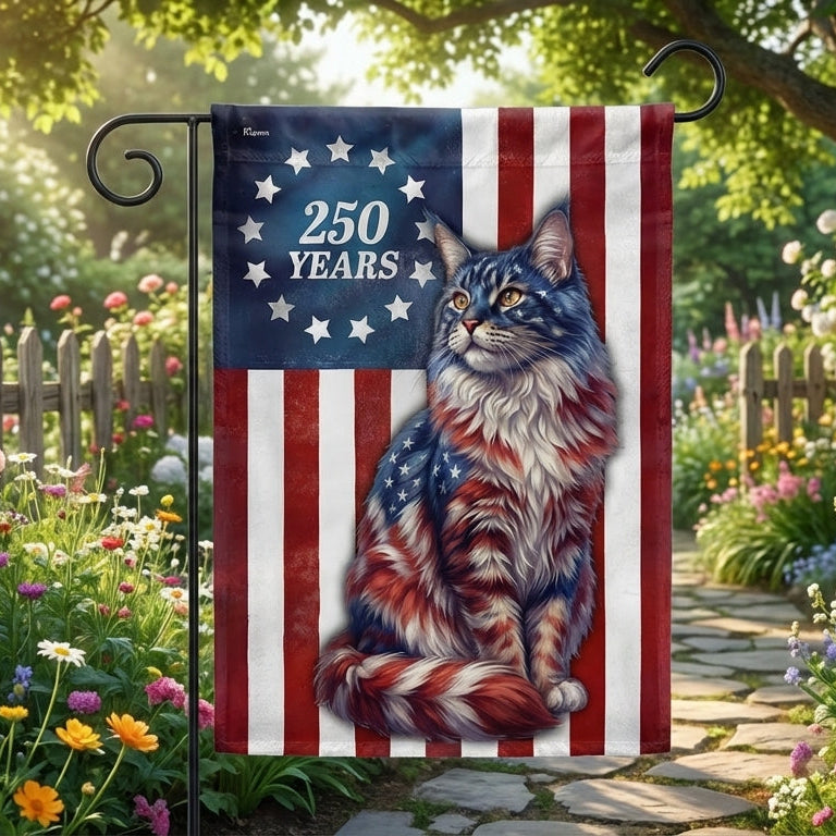Patriotic Cat Garden Flag, 250 Years Maine Coon Cat Betsy Ross Flag Decor