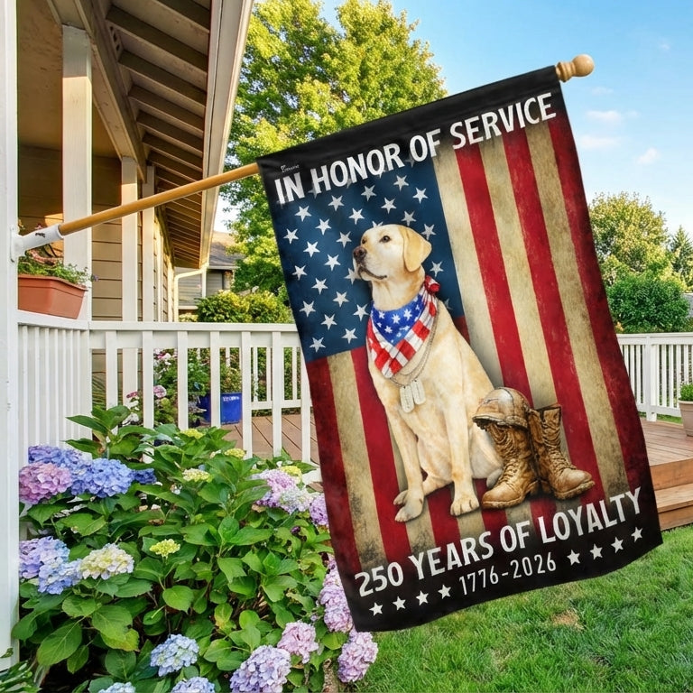 250 Years American Flag with Patriotic Yellow Labrador, US Veteran Dog Flag