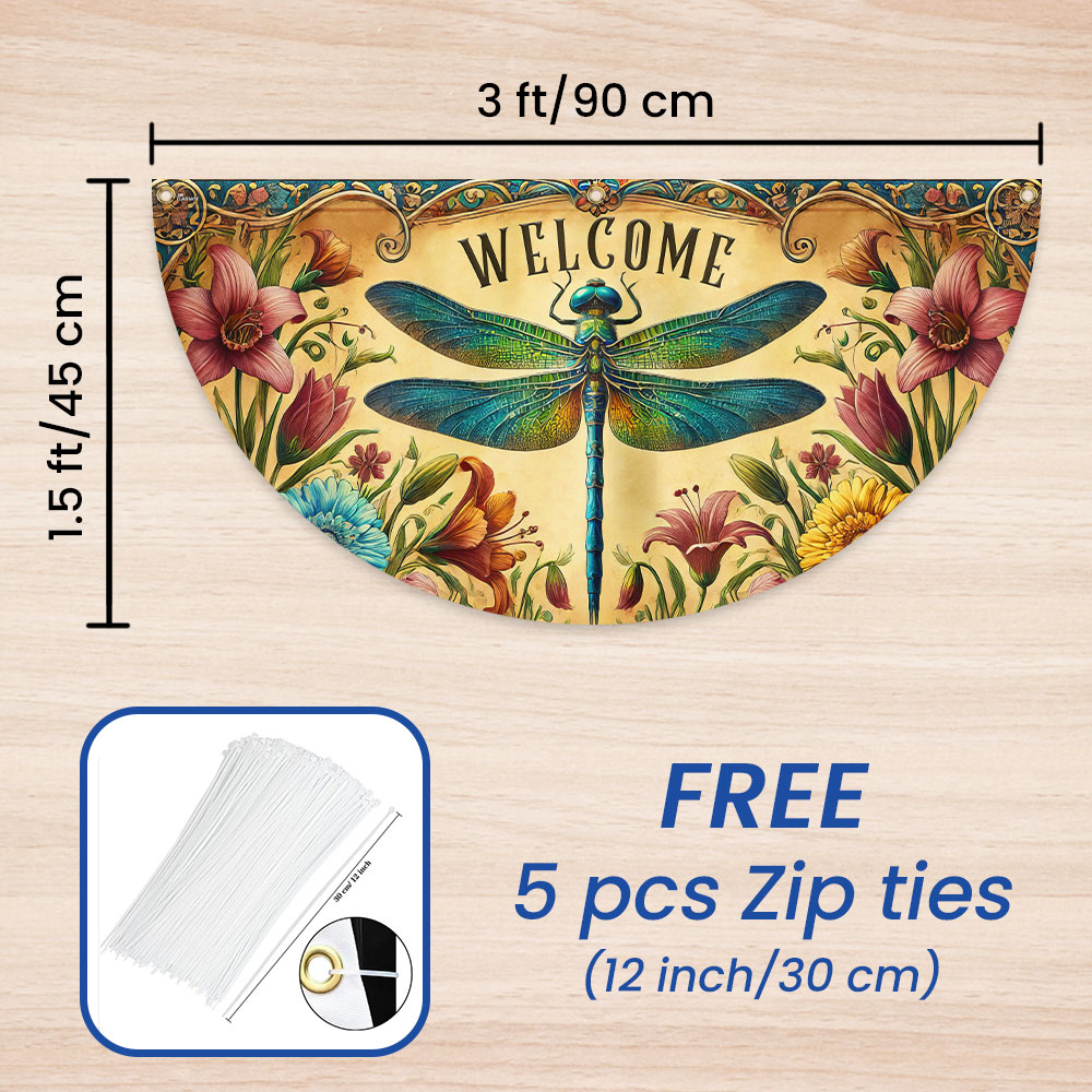 Dragonfly Welcome Non-Pleated Fan Flag for Outdoor Home Decor