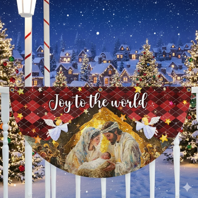 Holy Family Nativity Fan Flag - 'Joy to the World' Non-Pleated Christmas Décor
