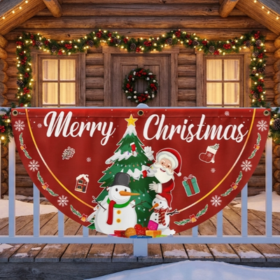 Merry Christmas Fan Flag - Santa Claus & Snowman Non-Pleated Holiday Décor