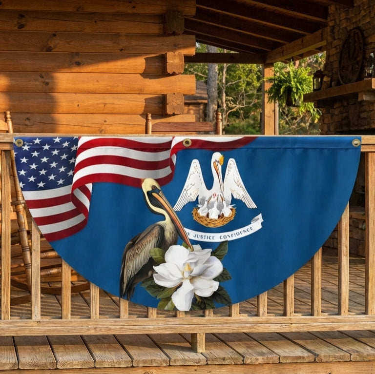 Louisiana Brown Pelican Bird and Magnolia Flower Non-Pleated Fan Flag