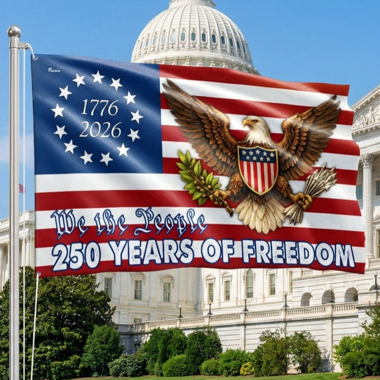 250 Years Betsy Ross Flag, We The People Bald Eagle Shield Patriotic Grommet Flag