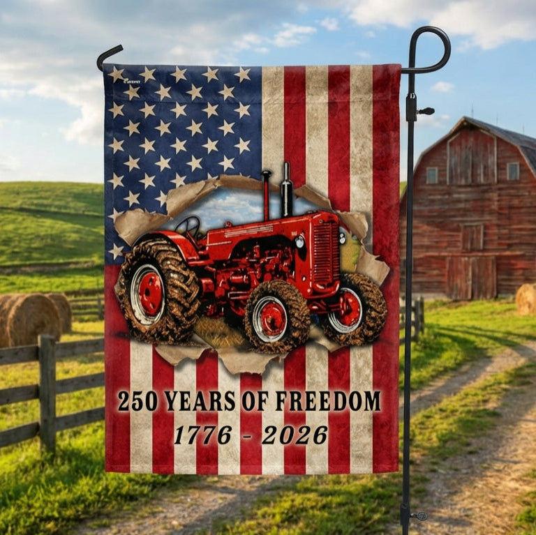 Tractor Farmer Flag, 250 Years of Freedom Red Tractor US Flag