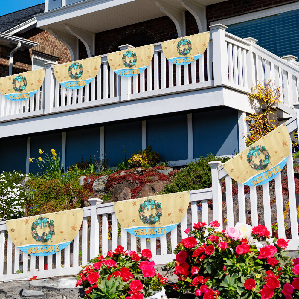 Welcome Summer Flag Coastal Beach Wreath Non-Pleated Fan Flag