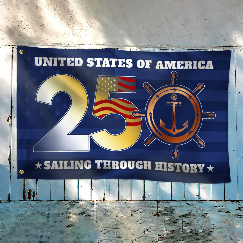 USA 250th Sailing Through History Grommet Flag for Patriotic Navy Decor