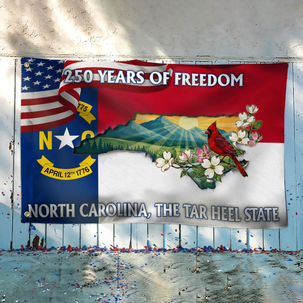 NC Patriotic Grommet Flag, 250 Years North Carolina Tar Heel State Cardinal Dogwood Flower Decor