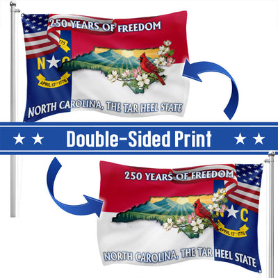 NC Patriotic Grommet Flag, 250 Years North Carolina Tar Heel State Cardinal Dogwood Flower Decor